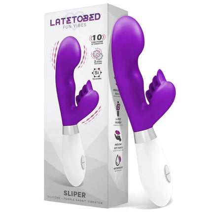 Sliper Rabbit Vibe Silicone Purple vibrator with ergonomic handle for G-spot and clitoral stimulation, featuring high-quality materials.
