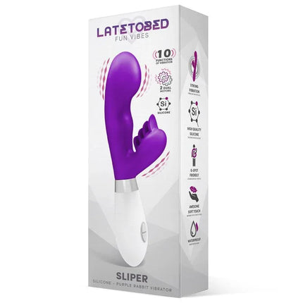 Sliper Rabbit Vibe Silicone Purple premium vibrator in packaging with ergonomic handle and high-quality silicone for G-spot and clitoral stimulation.