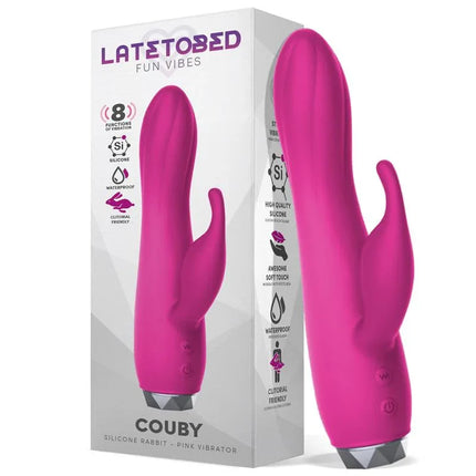 Couby Silicone Rabbit Vibe Pink vibrator with clitoral stimulator and 8 functions, shown with packaging.