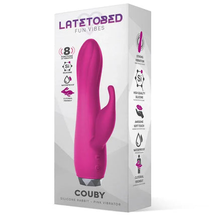 Couby Silicone Rabbit Vibe Pink in packaging, showcasing 8 vibration functions, made of high-quality silicone for comfortable insertion and precise stimulation.