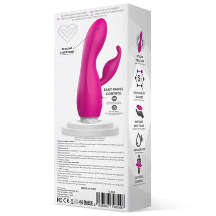 Back of Couby Silicone Rabbit Vibe Pink package showing features such as strong vibration, high-quality silicone, and easy panel control.