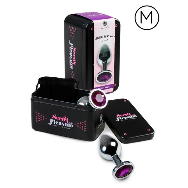 Butt Plug Size M Purple in elegant packaging, featuring premium metal design for intense, body-friendly stimulation.