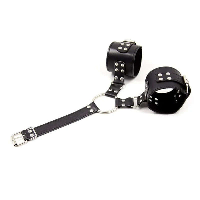 Collar with Restraints Adjustable Black, BDSM set with secure buckle, black leather with metal accents for power dynamics