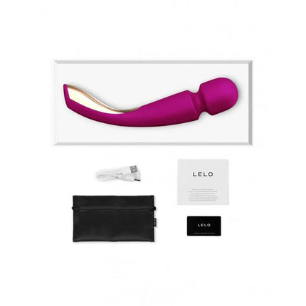 Smart Wand 2 Large Deep Rose cordless massager with accessories, featuring flexible head, waterproof design, and 8 vibration functions.