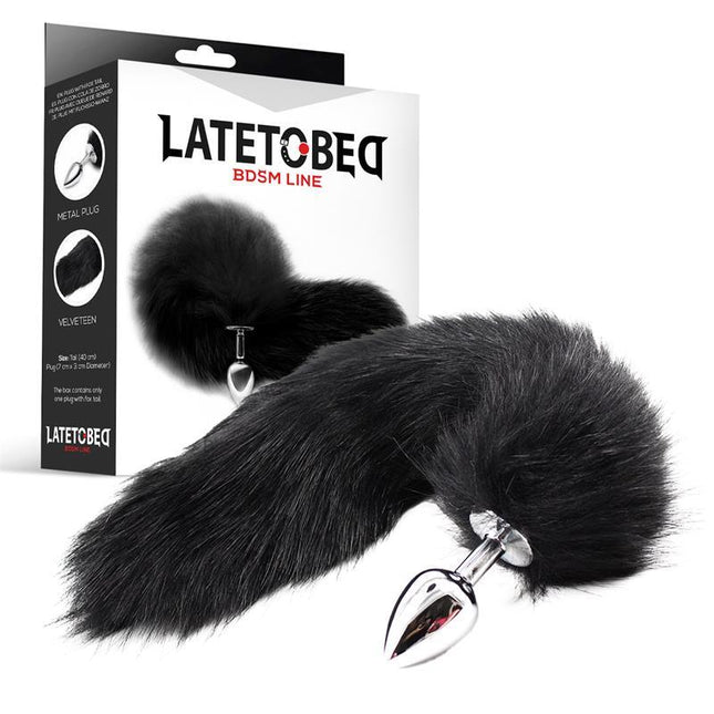 Metal Butt Plug Foxy Tail Velvet Touch 40 cm Black from Latetobed BDSM Line with luxe velvet-touch tail in packaging.