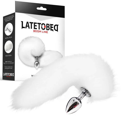 Metal Butt Plug with Foxy Tail Velvet Touch 40 cm White from Latetobed BDSM line, featuring a sturdy metal plug and long, silky tail.
