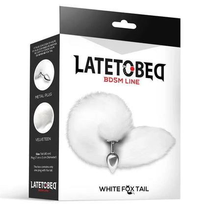 Box packaging of Metal Butt Plug with Foxy Tail Velvet Touch 40 cm White, showcasing the Latetobed BDSM line fox tail product.