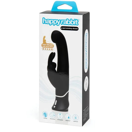 Packaging of the G-Spot Stroker Rabbit Vibrator Black with dual motors for internal and external stimulation.