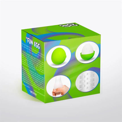 Packaging of Bumpy Masturbator Egg Elastic Green displaying product features in multicolored design.