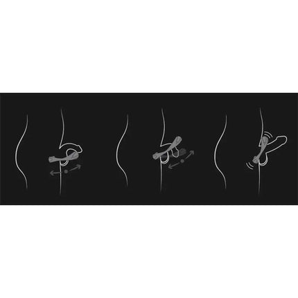 Diagram of Atom Plus Vibrating Penis Ring and Perianal Stimulator Black in use with dotted motion arrows.