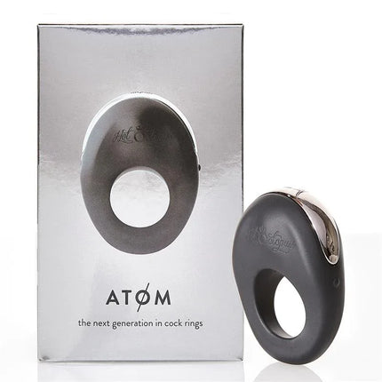 Vibrating Penis Ring Atom Black with packaging, designed for couples, featuring powerful motor and 5 vibration functions.