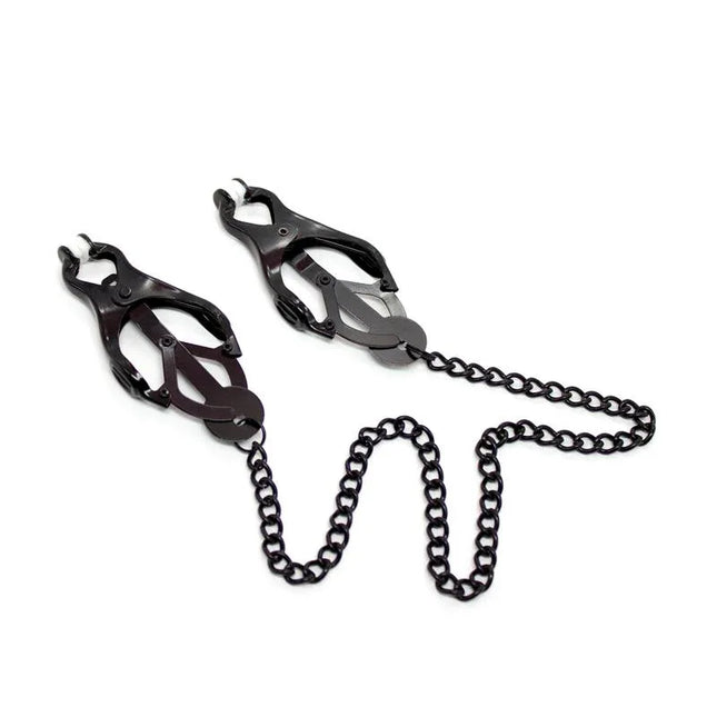 Japanese Nipple Clamps with Chain Black featuring secure design for unified tension, perfect for BDSM and adventurous play.