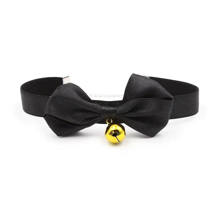 Collar with Bow and Bell 36 cm Size L Black - BDSM fashion accessory with sleek black design and golden bell for role-play.