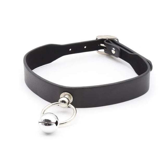 Collar with Hoop and Bell Black BDSM accessory with silver bell and hoop