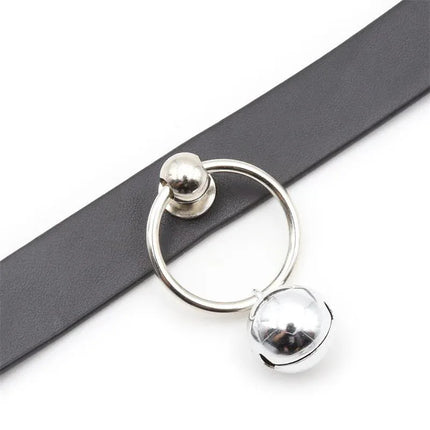 Collar with Hoop and Bell Black featuring silver bell and hoop design.
