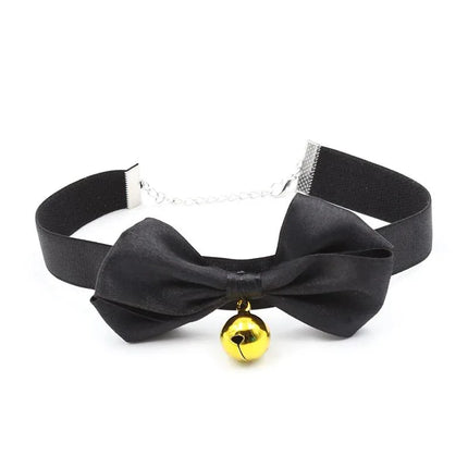 Collar with Bow and Bell 29 cm Size M Black featuring a striking black bow with a gold bell, perfect for BDSM play and role-playing.