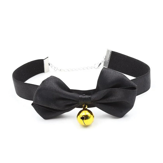 Collar with Bow and Bell 29 cm Size M Black featuring a striking black bow with a gold bell, perfect for BDSM play and role-playing.