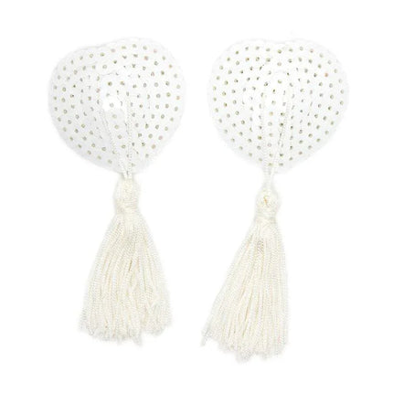 Sequin Nipple Cover with Tassel White featuring heart shape and playful tassels for a glamorous and daring look