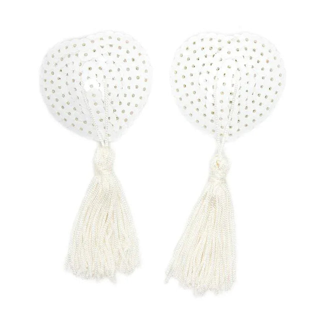 Sequin Nipple Cover with Tassel White featuring heart shape and playful tassels for a glamorous and daring look