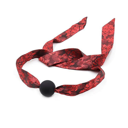 Silicone Ball Gag Red/Black with elegant fabric rope for BDSM enthusiasts, featuring comfort and secure restraint from Latetobed.