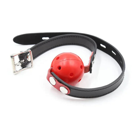 Ball Gag Breathable Black/Red with adjustable strap for comfortable fit in BDSM play - Features secure buckle and classic design.