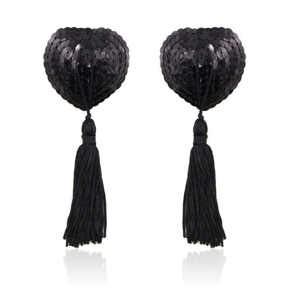 Self-Adhesive Heart Sequin Nipple Cover with Tassel Black featuring black sequins and tassels for intimate wear.