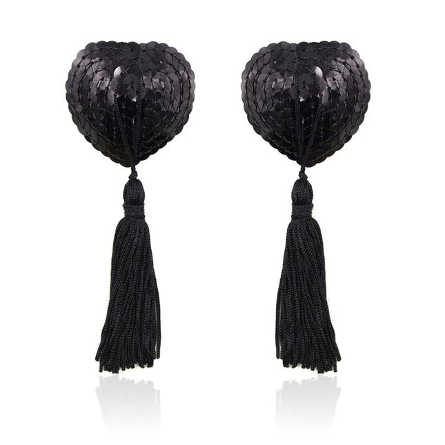 Self-Adhesive Heart Sequin Nipple Cover with Tassel Black featuring black sequins and tassels for intimate wear.