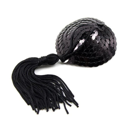 Black Self-Adhesive Heart Sequin Nipple Cover with Tassel from Latetobed BDSM Line