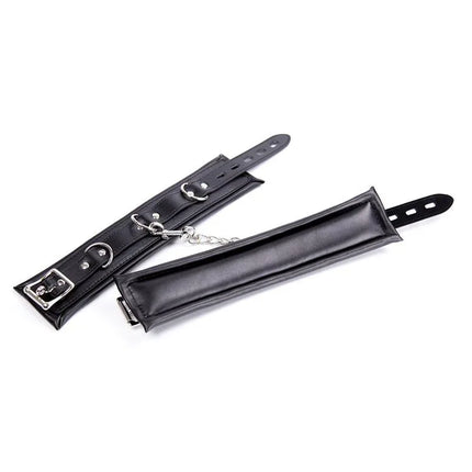 Ankle Cuffs Black premium BDSM restraint accessory with adjustable straps and removable metal chain for secure fit and comfort.