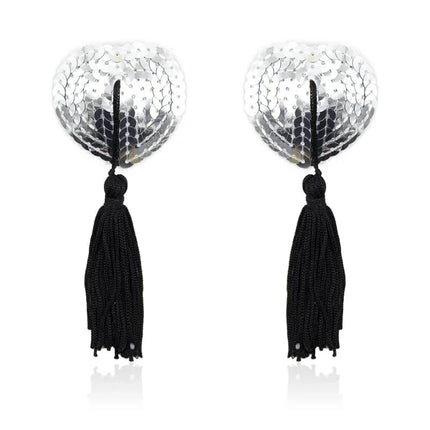 Self-Adhesive Heart Sequin Nipple Cover with Tassel Silver/Black for stylish intimate wear and costume elegance.