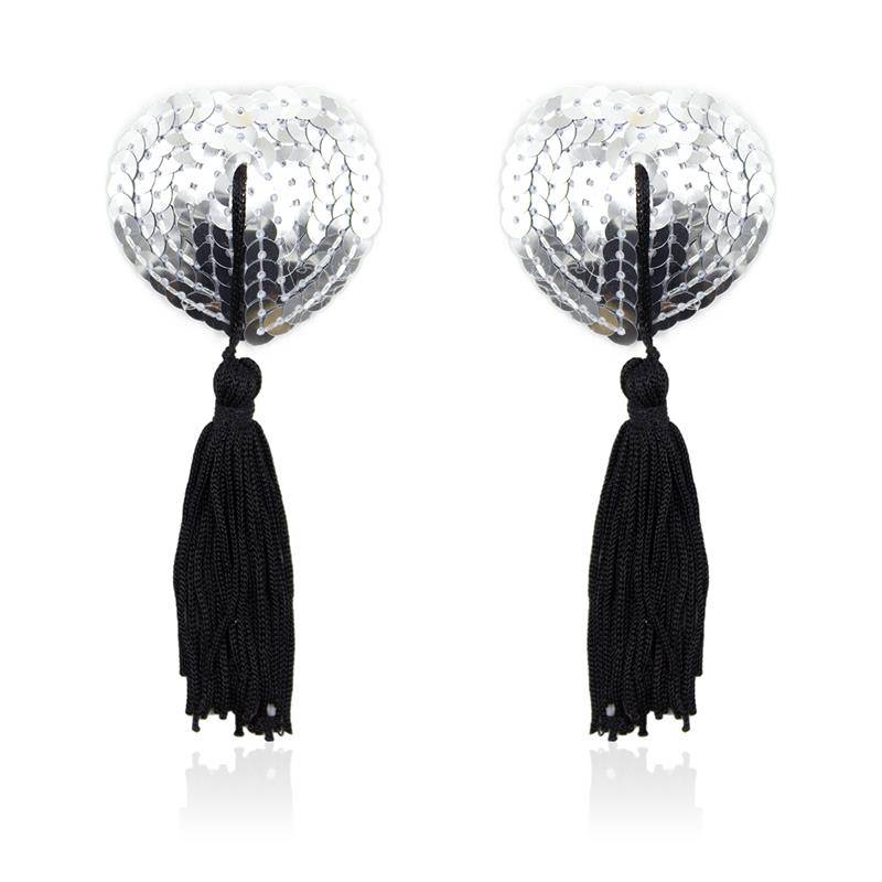 Self Adhesive Heart Sequin Nipple Cover with Tassel Silver Black