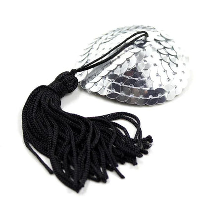 Self-Adhesive Heart Sequin Nipple Cover with Tassel Silver/Black with glittering sequins and bold black tassel for stylish events.