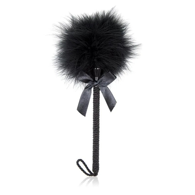 Feather Tickler with Bow 25 cm Black, BDSM accessory for sensory play, featuring plush feathers and elegant bow design.
