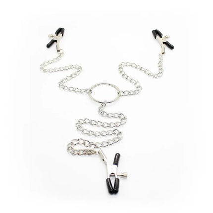 Nipple Clamps and Clit Clamps with Chain Metal set featuring three clamps with linked chains for BDSM exploration.