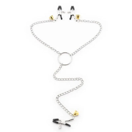 Nipple Clamps and Clit Clamps with Chain Metal set featuring three clamps connected with chains for coordinated sensation play.