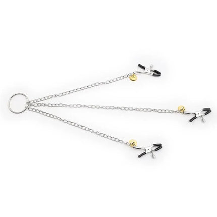 Nipple Clamps and Clit Clamps with Chain Metal - BDSM accessory with three clips and central ring for synchronized sensation.