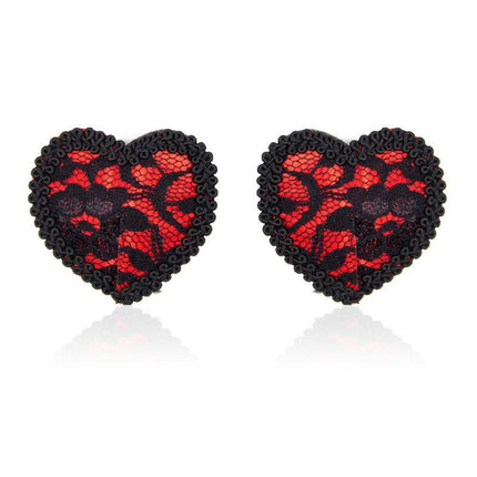 Nipple Covers with Lace Black/Red - heart-shaped design with red base and black lace trim for bold, confident styling.