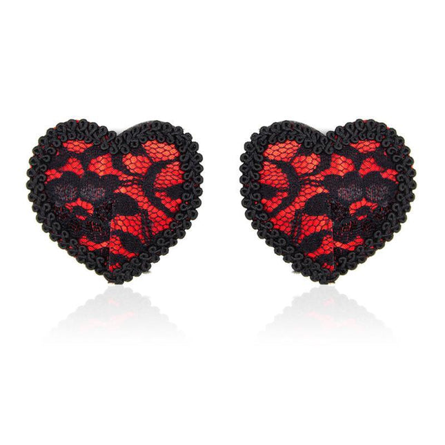 Nipple Covers with Lace Black/Red - heart-shaped design with red base and black lace trim for bold, confident styling.