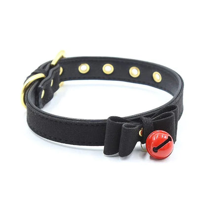 Collar with Bow and Rattle 44 cm Black/Red, adjustable black collar with red bell and gold accents for BDSM play, Latetobed collection.