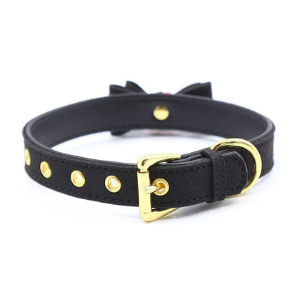 Collar with Bow and Rattle 44 cm Black/Red with gold buckle and studs from Latetobed Bdsm Line.