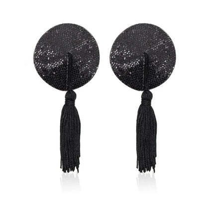 Nipple Covers Self-adhesive Black with tassels for bold and seductive look, featuring secure self-adhesive design.