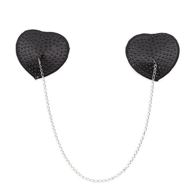 Heart-shaped Nipple Covers with Metal Chain Black for BDSM accessories