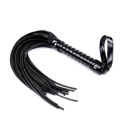 Shinny Handle Flogger 44 cm Black with glossy ergonomic handle for BDSM play, part of Latetobed line, shown against white background.