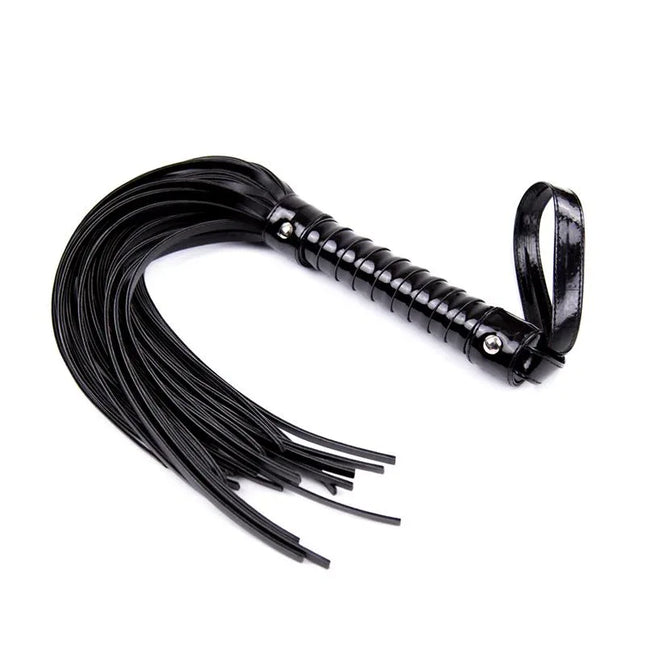 Shinny Handle Flogger 44 cm Black with glossy ergonomic handle for BDSM play, part of Latetobed line, shown against white background.