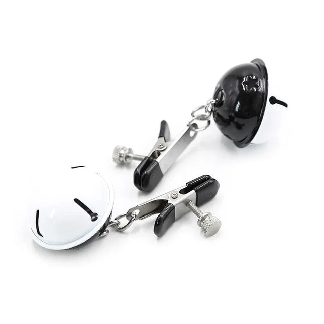 Nipple Clamps with Bell Black/White featuring adjustable tension and integrated bells.