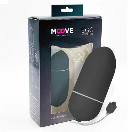 Vibrating Egg 10 Functions Black from Moove in packaging, discreet design with 10 vibration modes for intense sensations, compact and silky.
