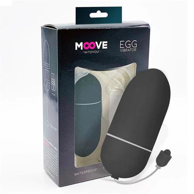 Vibrating Egg 10 Functions Black from Moove in packaging, discreet design with 10 vibration modes for intense sensations, compact and silky.