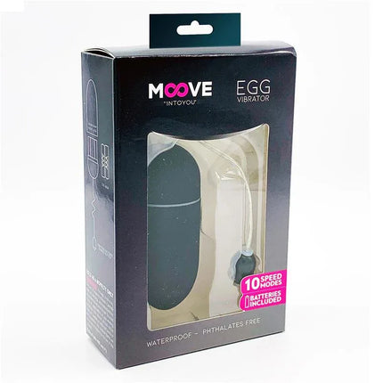 Vibrating Egg 10 Functions Black from Moove in packaging with 10 speed modes and included batteries.