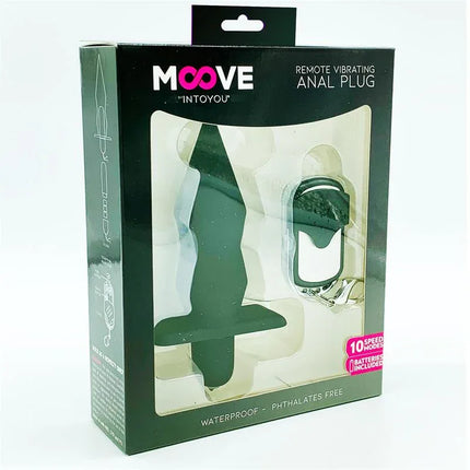 Moove Vibrating Butt Plug with Remote Control Silicone Black in packaging showcasing 10-speed modes and waterproof feature.