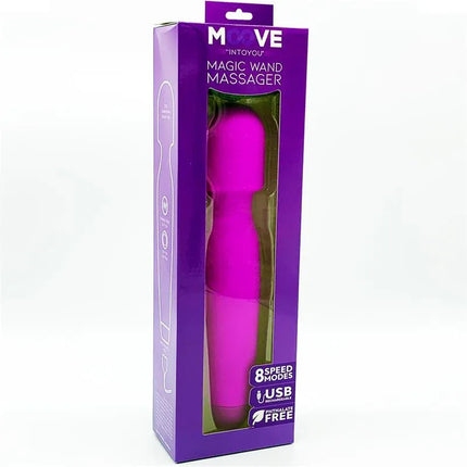 Magic Wand Massager Silicone Purple in packaging, featuring 8 speed and mode options with USB charging.